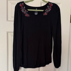 American Eagle Outfitters Black Top with Red Embroidery